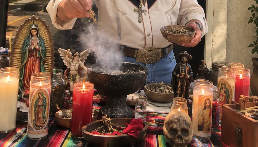 Mesa de trabajo de Oscar Interiano con veladoras y la Virgen de Guadalupe